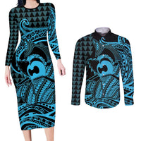 Koa Ikaika Warrior Helmet with Shark Couples Matching Long Sleeve Bodycon Dress and Long Sleeve Button Shirt Blue Kakau Style LT9 Blue - Polynesian Pride