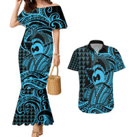 Koa Ikaika Warrior Helmet with Shark Couples Matching Mermaid Dress and Hawaiian Shirt Blue Kakau Style LT9 Blue - Polynesian Pride