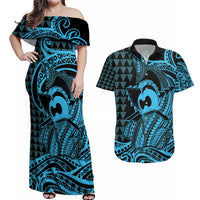 Koa Ikaika Warrior Helmet with Shark Couples Matching Off Shoulder Maxi Dress and Hawaiian Shirt Blue Kakau Style LT9 Blue - Polynesian Pride