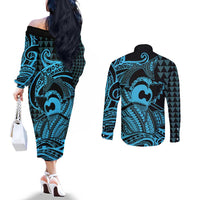 Koa Ikaika Warrior Helmet with Shark Couples Matching Off The Shoulder Long Sleeve Dress and Long Sleeve Button Shirt Blue Kakau Style LT9 - Polynesian Pride