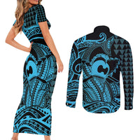 Koa Ikaika Warrior Helmet with Shark Couples Matching Short Sleeve Bodycon Dress and Long Sleeve Button Shirt Blue Kakau Style LT9 - Polynesian Pride