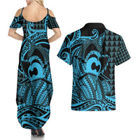 Koa Ikaika Warrior Helmet with Shark Couples Matching Summer Maxi Dress and Hawaiian Shirt Blue Kakau Style LT9 - Polynesian Pride