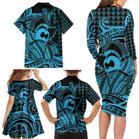 Koa Ikaika Warrior Helmet with Shark Family Matching Long Sleeve Bodycon Dress and Hawaiian Shirt Blue Kakau Style LT9 - Polynesian Pride