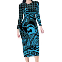 Koa Ikaika Warrior Helmet with Shark Family Matching Long Sleeve Bodycon Dress and Hawaiian Shirt Blue Kakau Style LT9 Mom's Dress Blue - Polynesian Pride