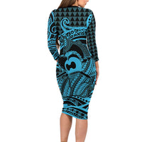 Koa Ikaika Warrior Helmet with Shark Family Matching Long Sleeve Bodycon Dress and Hawaiian Shirt Blue Kakau Style LT9 - Polynesian Pride