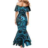 Koa Ikaika Warrior Helmet with Shark Family Matching Mermaid Dress and Hawaiian Shirt Blue Kakau Style