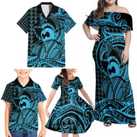 Koa Ikaika Warrior Helmet with Shark Family Matching Off Shoulder Maxi Dress and Hawaiian Shirt Blue Kakau Style LT9 - Polynesian Pride