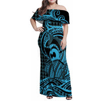Koa Ikaika Warrior Helmet with Shark Family Matching Off Shoulder Maxi Dress and Hawaiian Shirt Blue Kakau Style LT9 Mom's Dress Blue - Polynesian Pride