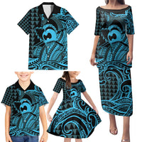 Koa Ikaika Warrior Helmet with Shark Family Matching Puletasi and Hawaiian Shirt Blue Kakau Style LT9 - Polynesian Pride