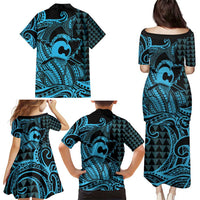 Koa Ikaika Warrior Helmet with Shark Family Matching Puletasi and Hawaiian Shirt Blue Kakau Style LT9 - Polynesian Pride