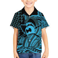 Koa Ikaika Warrior Helmet with Shark Family Matching Short Sleeve Bodycon Dress and Hawaiian Shirt Blue Kakau Style LT9 Son's Shirt Blue - Polynesian Pride