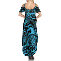 Koa Ikaika Warrior Helmet with Shark Family Matching Summer Maxi Dress and Hawaiian Shirt Blue Kakau Style LT9 - Polynesian Pride