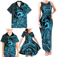 Koa Ikaika Warrior Helmet with Shark Family Matching Tank Maxi Dress and Hawaiian Shirt Blue Kakau Style LT9 - Polynesian Pride