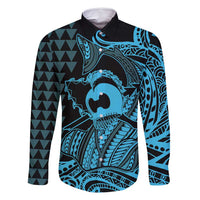 Koa Ikaika Warrior Helmet with Shark Family Matching Tank Maxi Dress and Hawaiian Shirt Blue Kakau Style LT9 Dad's Shirt - Long Sleeve Blue - Polynesian Pride