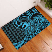 Koa Ikaika Warrior Helmet with Shark Rubber Doormat Blue Kakau Style