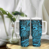 Koa Ikaika Warrior Helmet with Shark Tumbler With Handle Blue Kakau Style