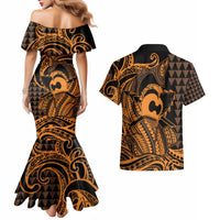 Koa Ikaika Warrior Helmet with Shark Couples Matching Mermaid Dress and Hawaiian Shirt Gold Kakau Style LT9 - Polynesian Pride