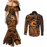 Koa Ikaika Warrior Helmet with Shark Couples Matching Mermaid Dress and Long Sleeve Button Shirt Gold Kakau Style LT9 - Polynesian Pride