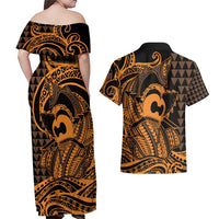 Koa Ikaika Warrior Helmet with Shark Couples Matching Off Shoulder Maxi Dress and Hawaiian Shirt Gold Kakau Style LT9 - Polynesian Pride