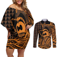 Koa Ikaika Warrior Helmet with Shark Couples Matching Off Shoulder Short Dress and Long Sleeve Button Shirt Gold Kakau Style LT9 Gold - Polynesian Pride