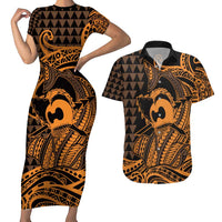 Koa Ikaika Warrior Helmet with Shark Couples Matching Short Sleeve Bodycon Dress and Hawaiian Shirt Gold Kakau Style LT9 Gold - Polynesian Pride