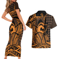 Koa Ikaika Warrior Helmet with Shark Couples Matching Short Sleeve Bodycon Dress and Hawaiian Shirt Gold Kakau Style LT9 - Polynesian Pride