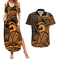 Koa Ikaika Warrior Helmet with Shark Couples Matching Summer Maxi Dress and Hawaiian Shirt Gold Kakau Style LT9 Gold - Polynesian Pride
