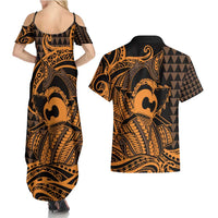 Koa Ikaika Warrior Helmet with Shark Couples Matching Summer Maxi Dress and Hawaiian Shirt Gold Kakau Style LT9 - Polynesian Pride