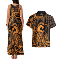 Koa Ikaika Warrior Helmet with Shark Couples Matching Tank Maxi Dress and Hawaiian Shirt Gold Kakau Style LT9 - Polynesian Pride