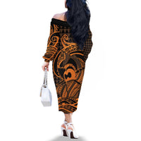 Koa Ikaika Warrior Helmet with Shark Family Matching Off The Shoulder Long Sleeve Dress and Hawaiian Shirt Gold Kakau Style LT9 - Polynesian Pride