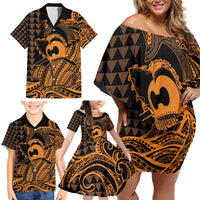 Koa Ikaika Warrior Helmet with Shark Family Matching Off Shoulder Short Dress and Hawaiian Shirt Gold Kakau Style LT9 - Polynesian Pride