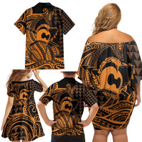 Koa Ikaika Warrior Helmet with Shark Family Matching Off Shoulder Short Dress and Hawaiian Shirt Gold Kakau Style LT9 - Polynesian Pride
