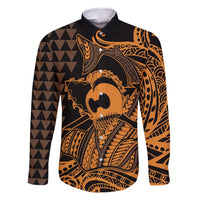 Koa Ikaika Warrior Helmet with Shark Family Matching Off Shoulder Short Dress and Hawaiian Shirt Gold Kakau Style LT9 Dad's Shirt - Long Sleeve Gold - Polynesian Pride