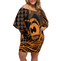 Koa Ikaika Warrior Helmet with Shark Family Matching Off Shoulder Short Dress and Hawaiian Shirt Gold Kakau Style LT9 Mom's Dress Gold - Polynesian Pride