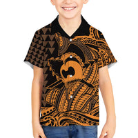Koa Ikaika Warrior Helmet with Shark Family Matching Off Shoulder Short Dress and Hawaiian Shirt Gold Kakau Style LT9 Son's Shirt Gold - Polynesian Pride