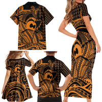 Koa Ikaika Warrior Helmet with Shark Family Matching Short Sleeve Bodycon Dress and Hawaiian Shirt Gold Kakau Style LT9 - Polynesian Pride