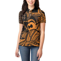 Koa Ikaika Warrior Helmet with Shark Women Polo Shirt Gold Kakau Style