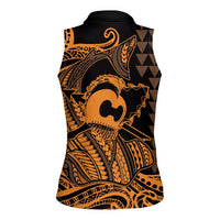 Koa Ikaika Warrior Helmet with Shark Women Sleeveless Polo Shirt Gold Kakau Style LT9 - Polynesian Pride