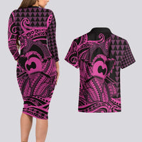 Koa Ikaika Warrior Helmet with Shark Couples Matching Long Sleeve Bodycon Dress and Hawaiian Shirt Pink Kakau Style LT9 - Polynesian Pride