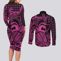 Koa Ikaika Warrior Helmet with Shark Couples Matching Long Sleeve Bodycon Dress and Long Sleeve Button Shirt Pink Kakau Style LT9 - Polynesian Pride