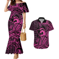 Koa Ikaika Warrior Helmet with Shark Couples Matching Mermaid Dress and Hawaiian Shirt Pink Kakau Style LT9 Pink - Polynesian Pride