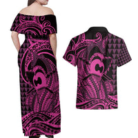 Koa Ikaika Warrior Helmet with Shark Couples Matching Off Shoulder Maxi Dress and Hawaiian Shirt Pink Kakau Style LT9 - Polynesian Pride