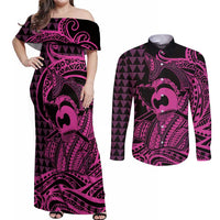 Koa Ikaika Warrior Helmet with Shark Couples Matching Off Shoulder Maxi Dress and Long Sleeve Button Shirt Pink Kakau Style