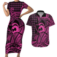 Koa Ikaika Warrior Helmet with Shark Couples Matching Short Sleeve Bodycon Dress and Hawaiian Shirt Pink Kakau Style LT9 Pink - Polynesian Pride