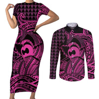 Koa Ikaika Warrior Helmet with Shark Couples Matching Short Sleeve Bodycon Dress and Long Sleeve Button Shirt Pink Kakau Style LT9 Pink - Polynesian Pride