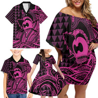 Koa Ikaika Warrior Helmet with Shark Family Matching Off Shoulder Short Dress and Hawaiian Shirt Pink Kakau Style LT9 - Polynesian Pride
