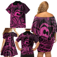 Koa Ikaika Warrior Helmet with Shark Family Matching Off Shoulder Short Dress and Hawaiian Shirt Pink Kakau Style LT9 - Polynesian Pride