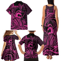Koa Ikaika Warrior Helmet with Shark Family Matching Tank Maxi Dress and Hawaiian Shirt Pink Kakau Style LT9 - Polynesian Pride