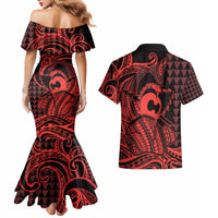 Koa Ikaika Warrior Helmet with Shark Couples Matching Mermaid Dress and Hawaiian Shirt Red Kakau Style LT9 - Polynesian Pride