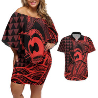Koa Ikaika Warrior Helmet with Shark Couples Matching Off Shoulder Short Dress and Hawaiian Shirt Red Kakau Style LT9 Red - Polynesian Pride